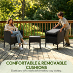 Yaheetech 3 Pieces Patio Conversation Set, Outdoor Rattan Bistro Furniture, 2 Chairs with Cushions & 1 Side Table for Bistro/Porch/Garden/Deck/Courtyard, Black/Khaki