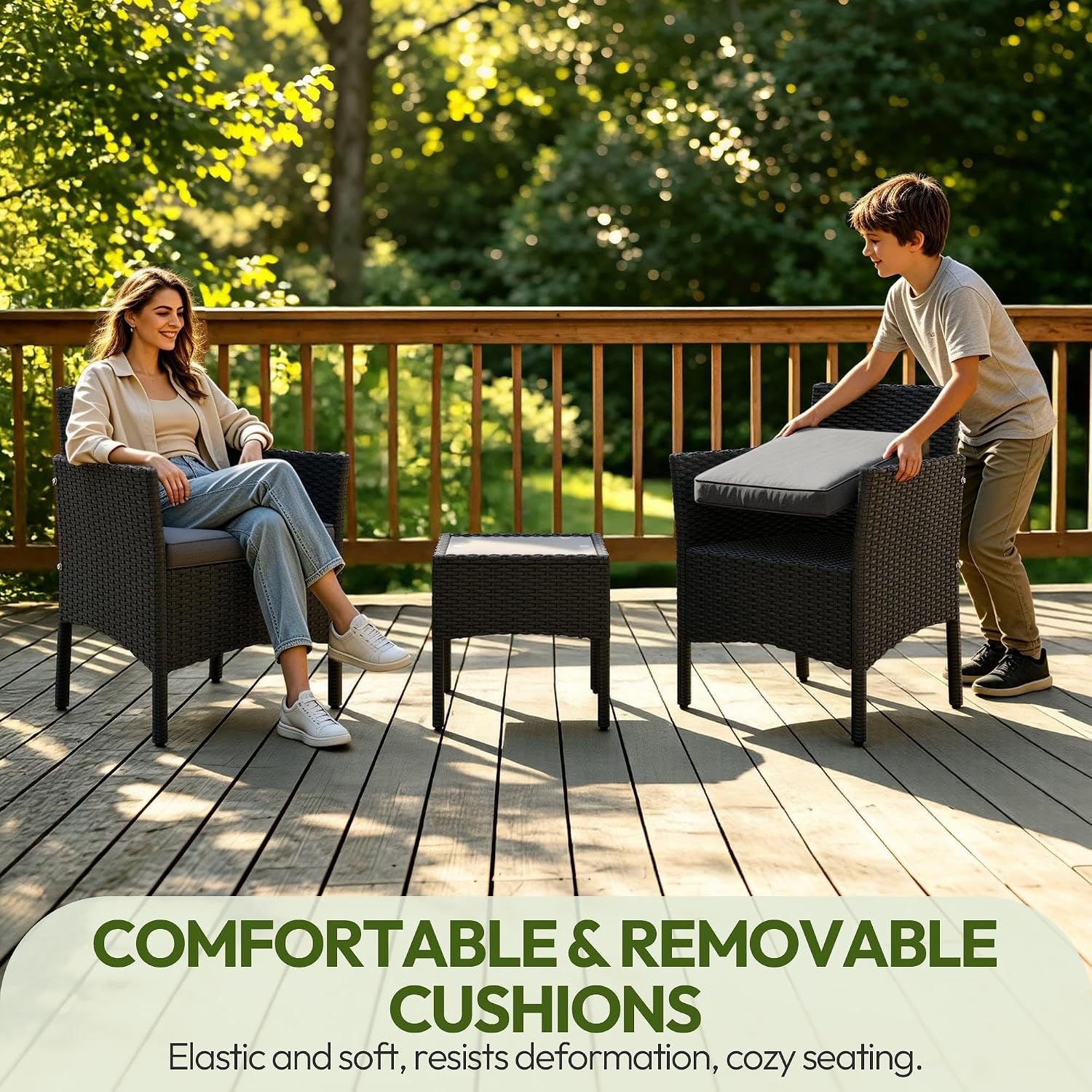 Yaheetech 3 Pieces Patio Conversation Set, Outdoor Rattan Bistro Furniture, 2 Chairs with Cushions & 1 Side Table for Bistro/Porch/Garden/Deck/Courtyard, Black/Khaki