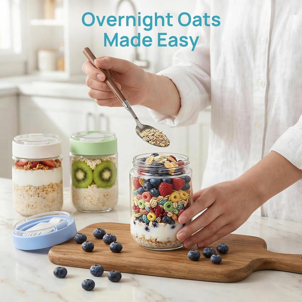 Vtopmart 6 Pack 16 oz Overnight Oats Containers with Lids and Folding Spoons Stored in Lid, Airtight Leakproof, Glass Jars for Overnight Oats, Yogurt, Fruit, Chia Pudding, Meal Prep