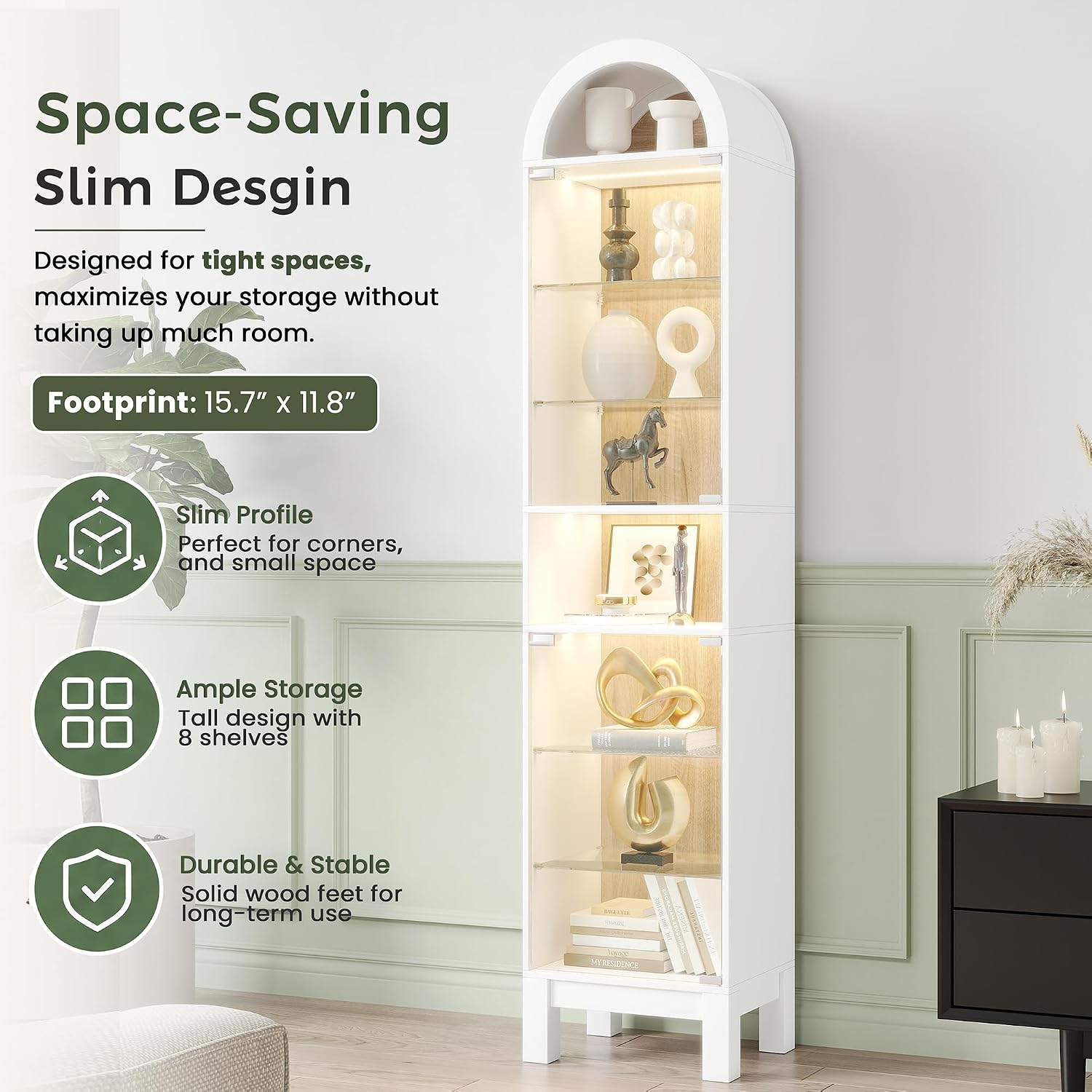 71" H Narrow Arched Display Cabinet with Glass Doors & 8-Tier Shelves, Slim Curio Cabinets with LED Lights for Collectibles/Perfume, Tall Storage Cabinets for Corner, Small Space (White)