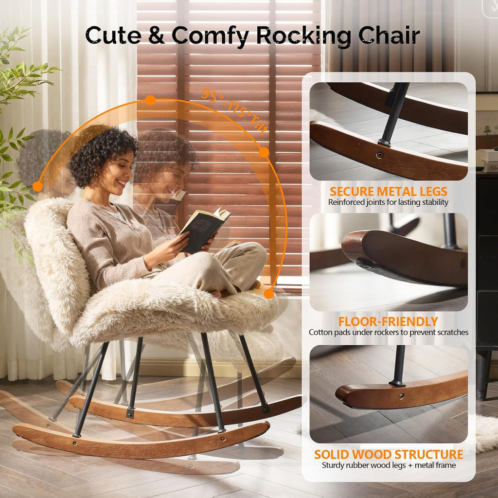 VINGLI 25.6" Extra Wide Criss Cross Nursery Rocking Chair,Cute Curved 115° Reclining Armless Glider,Plush Small Rocker w/Pillow & Solid Wood for Indoor,Bedroom, Living Room,Fluffy Fleece,Sandy Beige
