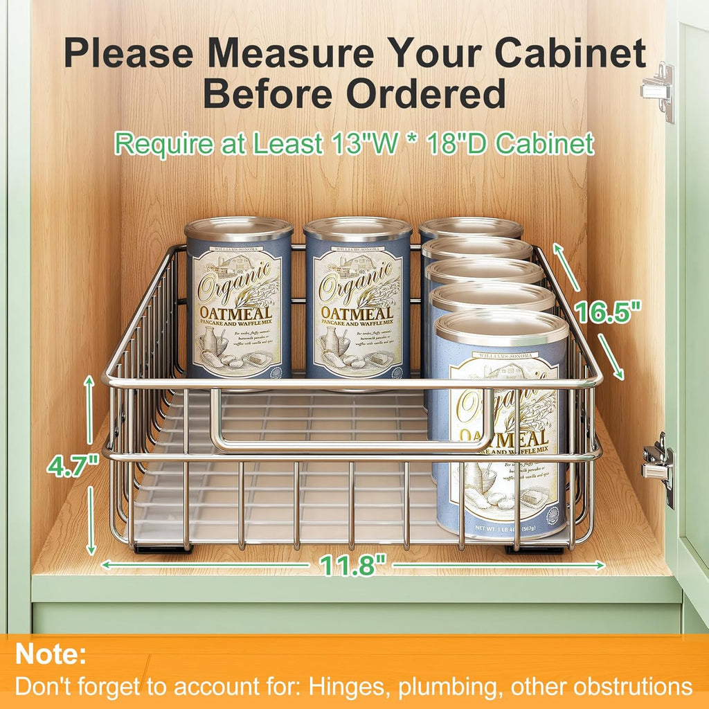 Stainless Steel Pull Out Cabinet Organizer(11.8"W x 16.5"D x 4.7"H)-1 Pack, Minimalist Design Frame, Full-Extension Slide Rails, Easy Installation for Pantry Organizers or Kitchen Cabinet Organizer