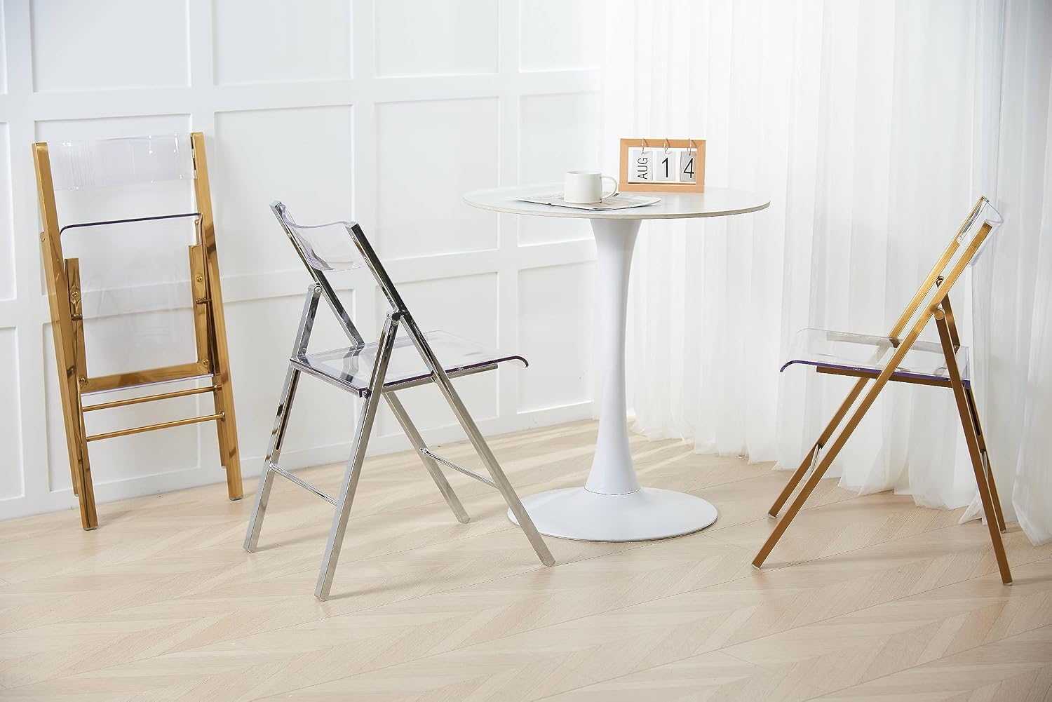 LeisureMod Transparent Acrylic Folding Chair, Iron Chrome Base, Comfortable Seat & Backrest, Clear Desk Chair, No Assembly Needed in Brushed Gold