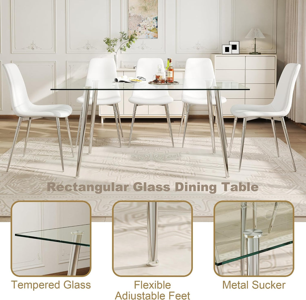 63" Glass Dining Table for 4, Rectangular Modern Kitchen Tables with Glass Tabletop and Metal Trestle Legs for Restaurants and Dining Room, Silver