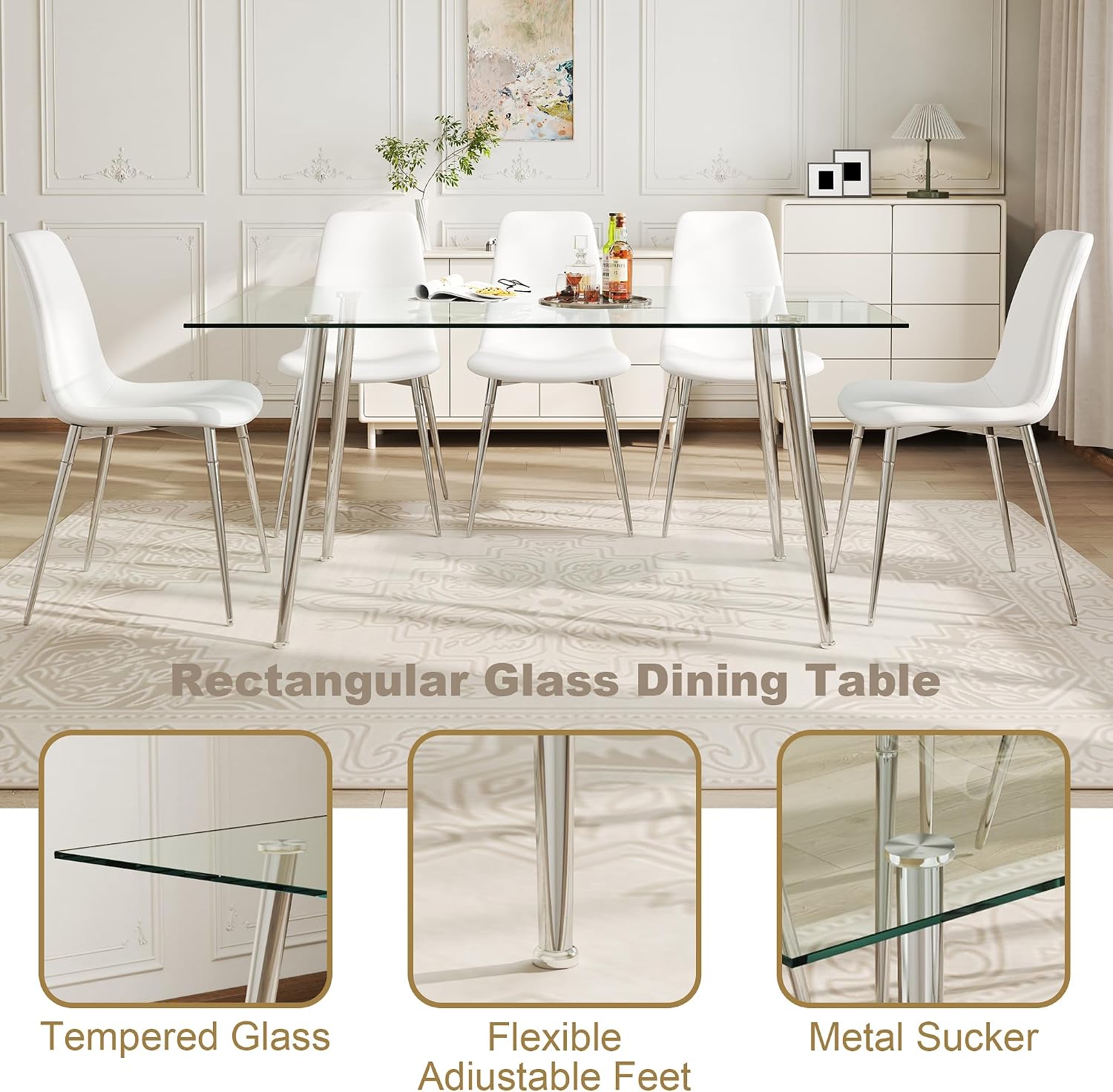 63" Glass Dining Table for 4, Rectangular Modern Kitchen Tables with Glass Tabletop and Metal Trestle Legs for Restaurants and Dining Room, Silver