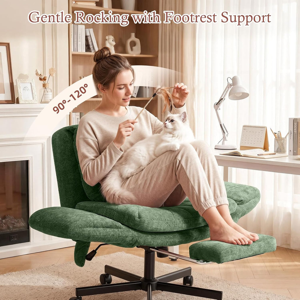 Criss Cross Office Chair with Foot Rest, 5 Gears Adjustable Armrests, Cross Legged Desk Chair with Flip Lumbar Pillow, Built-in Airbag, Wide Seat Chairs for Home Office Makeup Meditation, Light Green