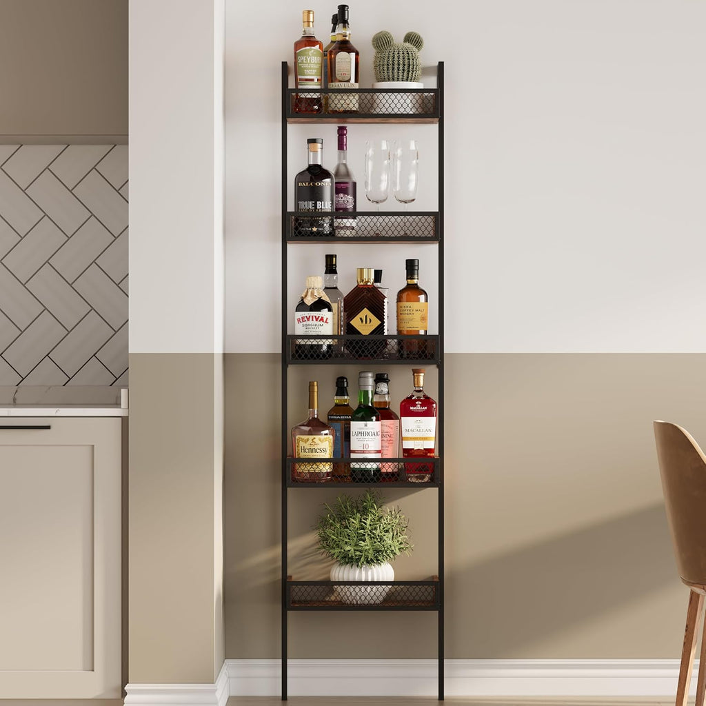 Unionly 5-Tier Liquor Stand for Home Bar，Freestanding Wine Racks for Wall,Wines Bottle Holder Display Shelf with Fences,Liquor Storage for Kitchen, Dining Room, Bar (Rustic Brown)