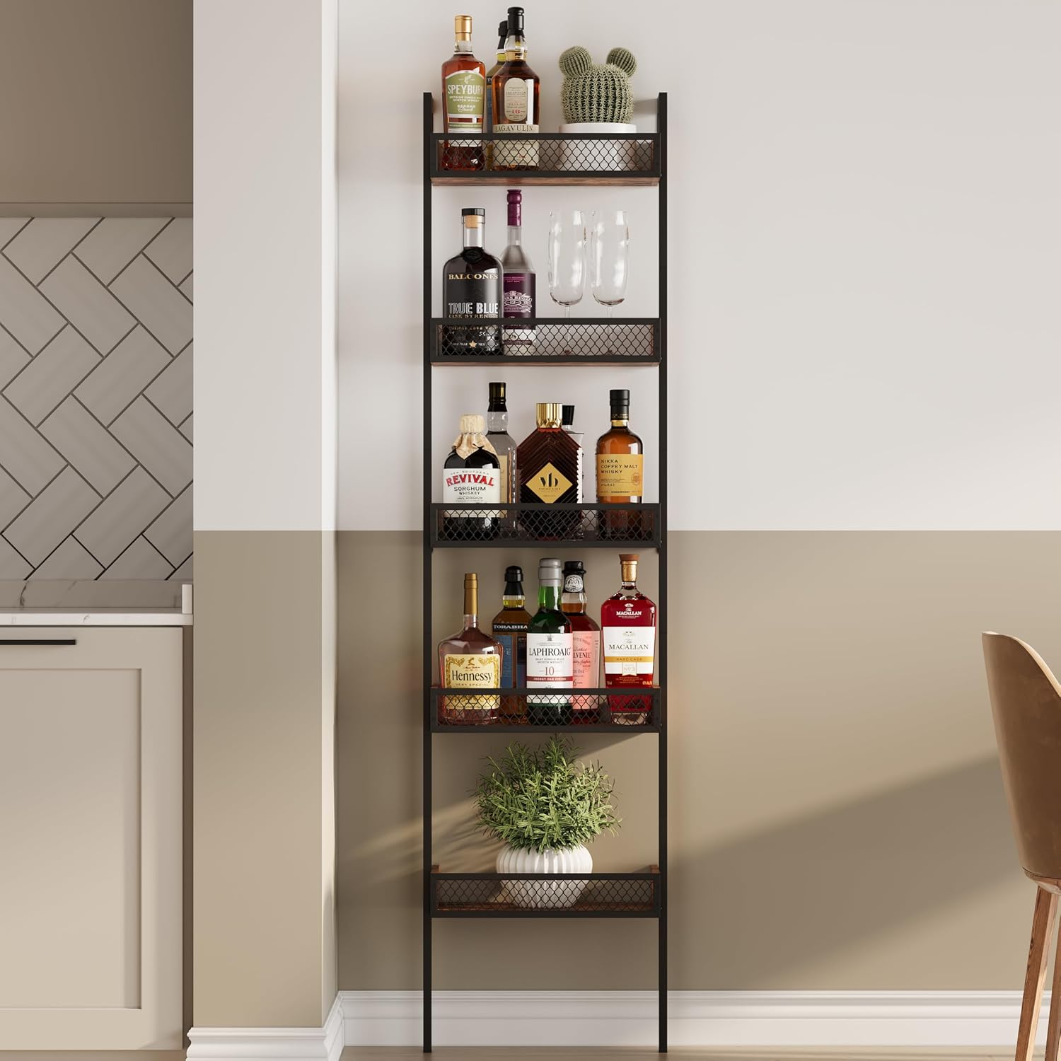 Unionly 5-Tier Liquor Stand for Home Bar，Freestanding Wine Racks for Wall,Wines Bottle Holder Display Shelf with Fences,Liquor Storage for Kitchen, Dining Room, Bar (Rustic Brown)