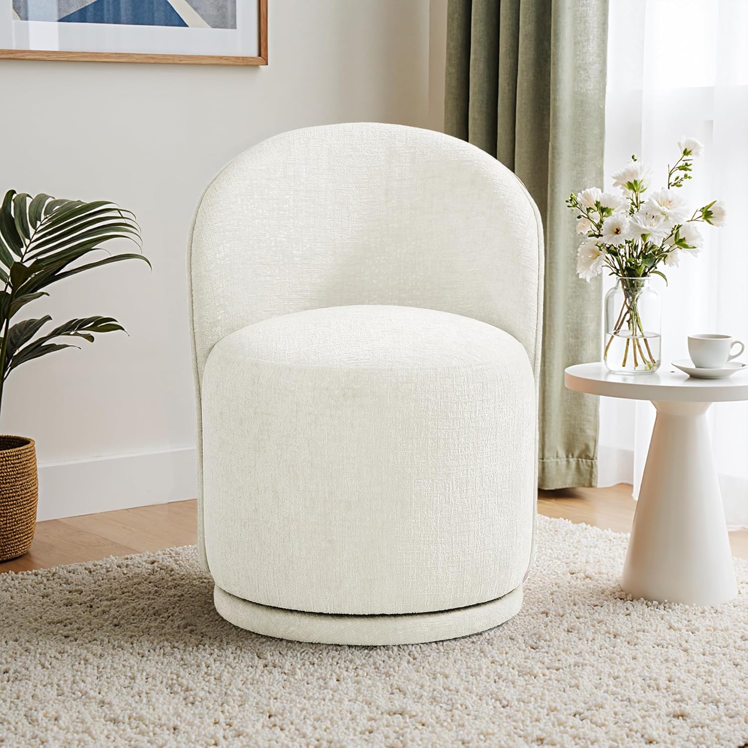 360° Swivel Barrel Accent Chair, Chenille Upholstered Kitchen Dining Room Chair, Makeup Vanity Side Chair for Bedroom Living Room - Beige