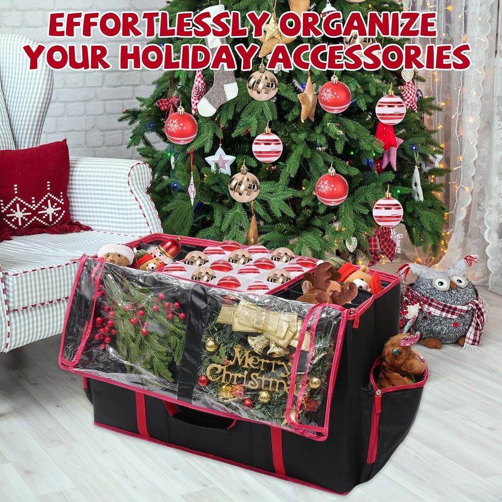 2-in-1 Christmas Ornament Storage Box & Xmas Figurine Container with Dual Zipper Closure Adjustable Dividers and Removable Trays Premium Christmas Ornament Storage Containerd(Black)