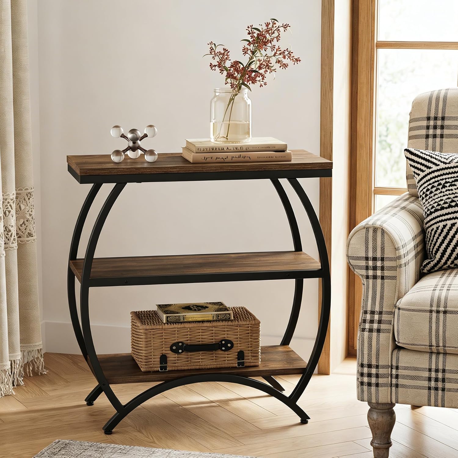 Tribesigns End Table for Living Room, Narrow Couch Side Table with 3-Tier Storage Shelves, Small Bedside Nightstand with Metal Frame, Rustic Brown