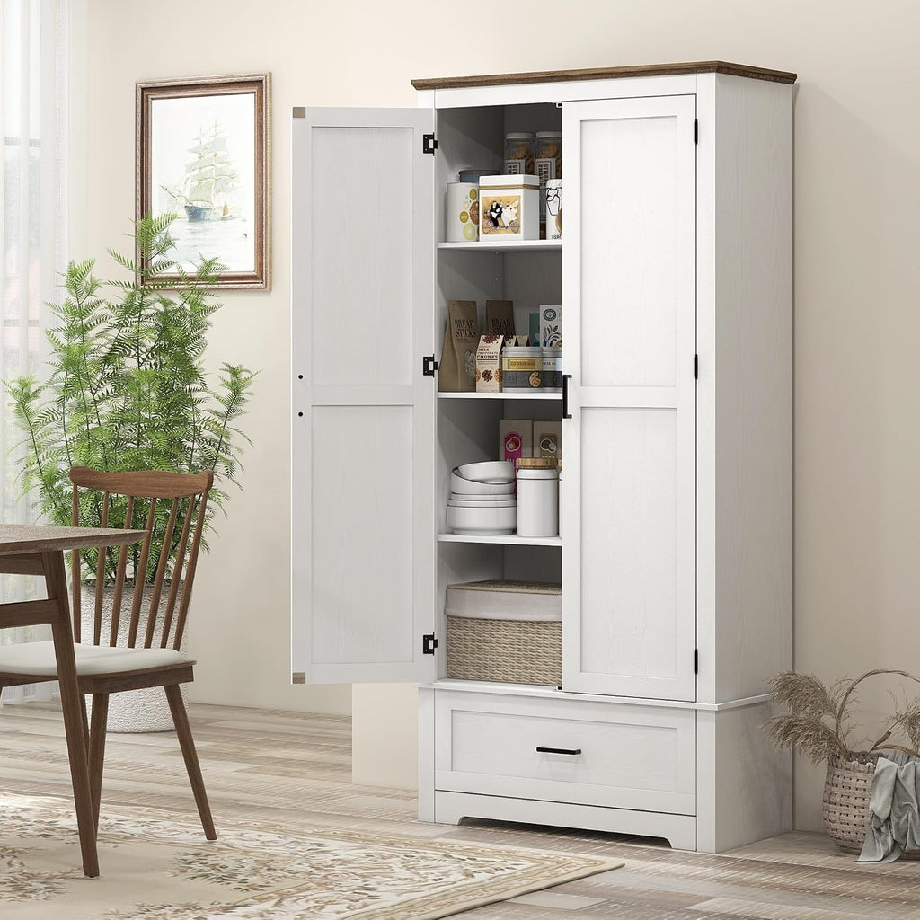 69" Tall Kitchen Pantry Storage Cabinet, Farmhouse Freestanding Pantry Cabinet with 2 Doors, Drawer and Adjustable Shelves for Dining Room, White,15.7 * 31.5 * 68.9
