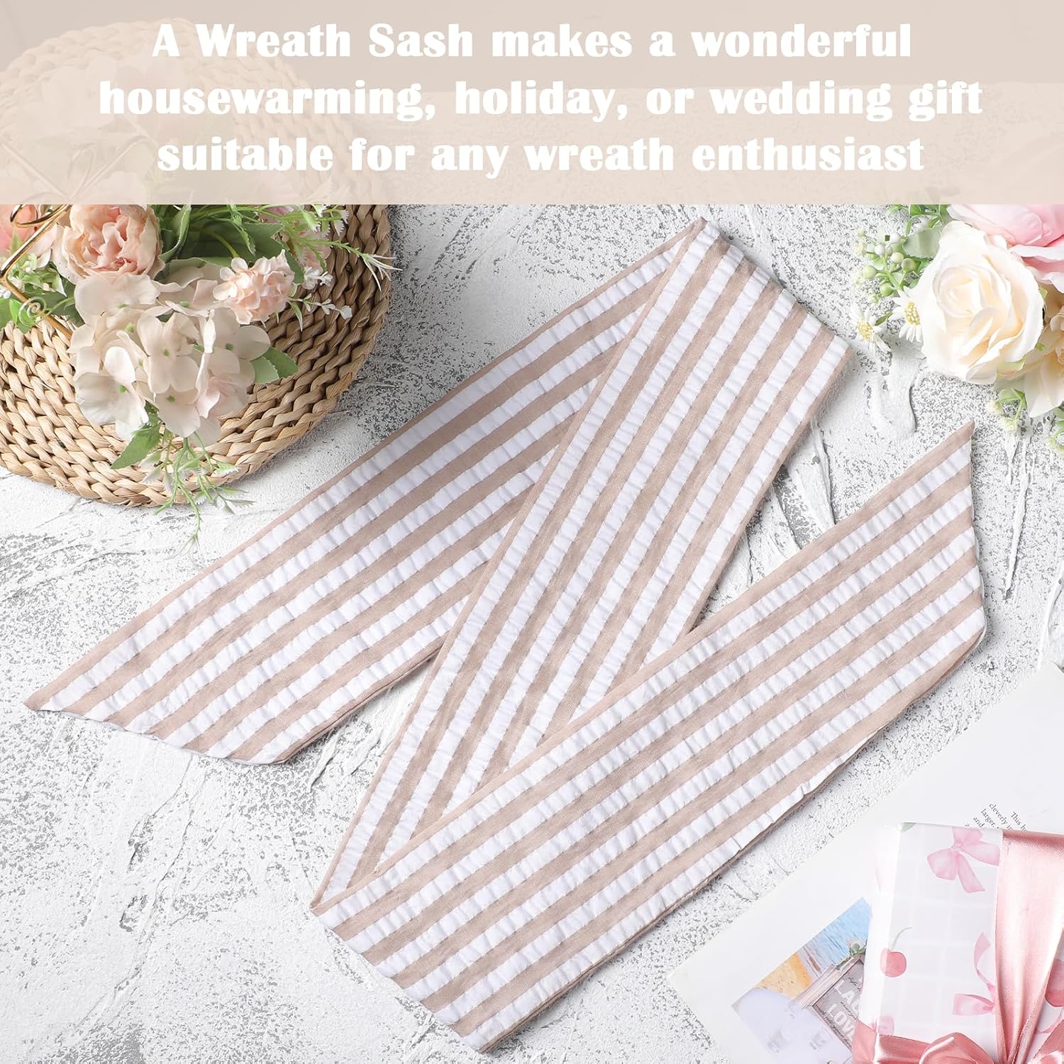 Brown Wreath Sash for Front Door - 2 Pcs Rustic Seersucker Wreath Sashes for Embroidery Monogram Home Decor, 60 Inch Boho Plain Stripe Wreaths Sash for Garland Window Wall Yard