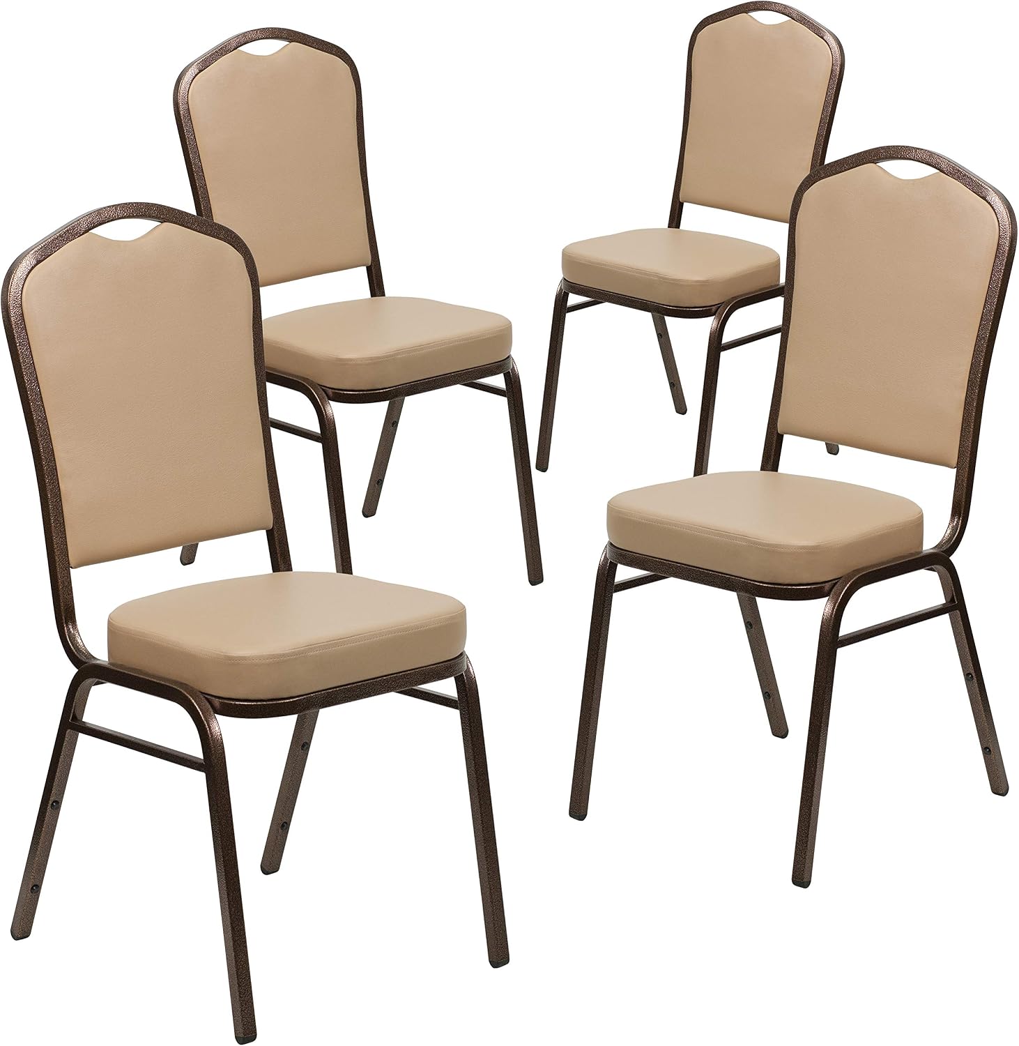 EMMA + OLIVER 4 Pack Crown Back Stacking Banquet Chair in Tan Vinyl - Copper Vein Frame
