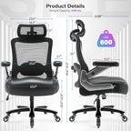 600lbs Big and Tall Office Chair- Heavy Duty Executive Computer Chair with 3D Flip Arms Large Wheels, Ergonomic Mesh High Back Desk Chair, Extra Wide Seat Adjustable Lumbar Support&Headrest