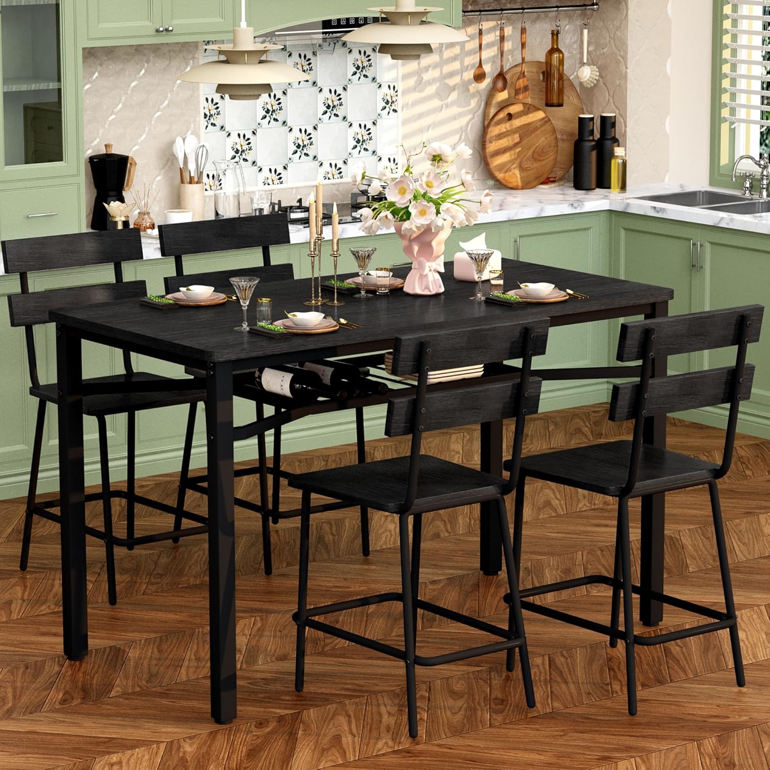 Hooseng 5-Piece Dining Table Set for 4, Counter Height Kitchen Table & 4 Bar Stools, Hightop Bar Table and Chairs Set with Storage, Farmhouse Small Dinette Set for Pub, Dining Room, Small Space