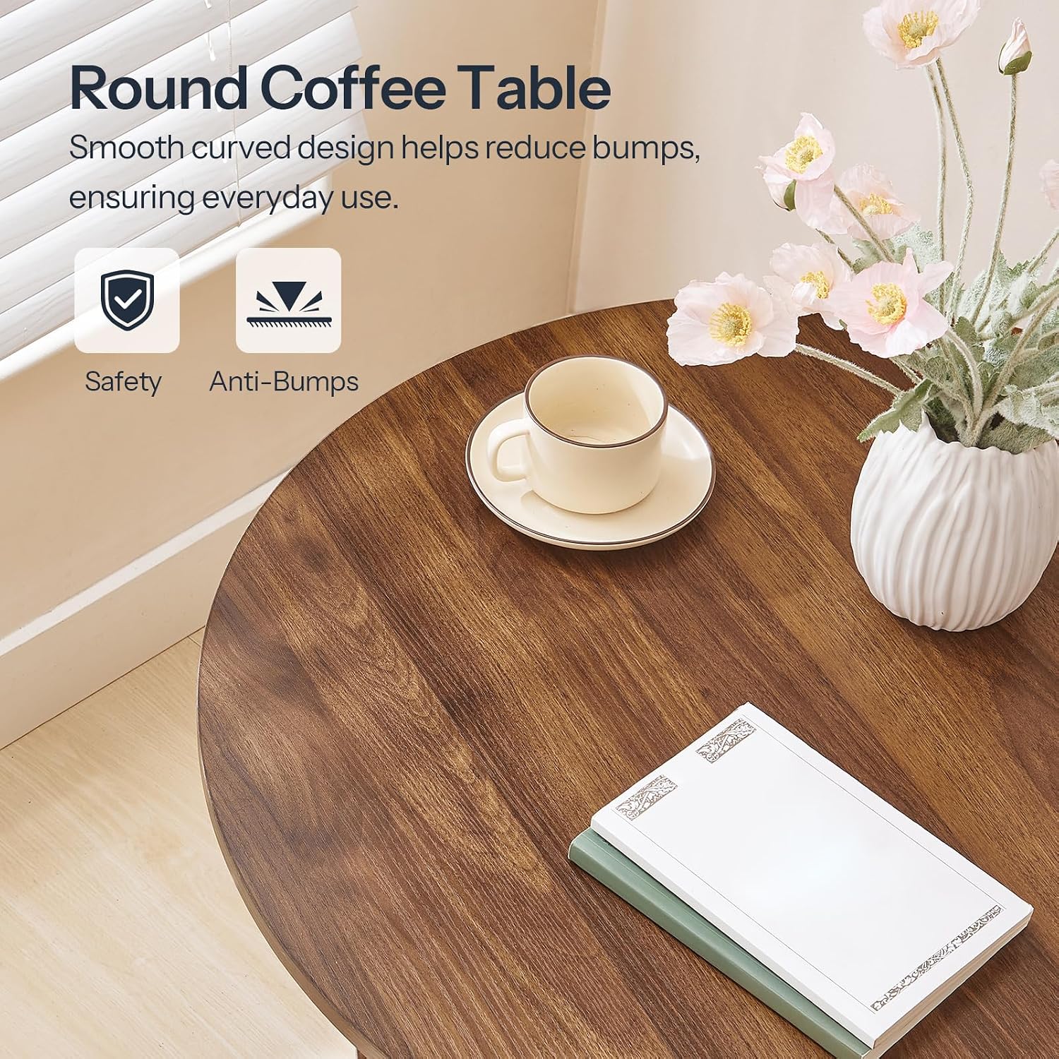 HOOBRO Coffee Table, 2-Tier Round Coffee Table, Coffee Table for Living Room, Center Table with 2-Tier Open Storage Shelf, Home Office, Walnut WL75KF01
