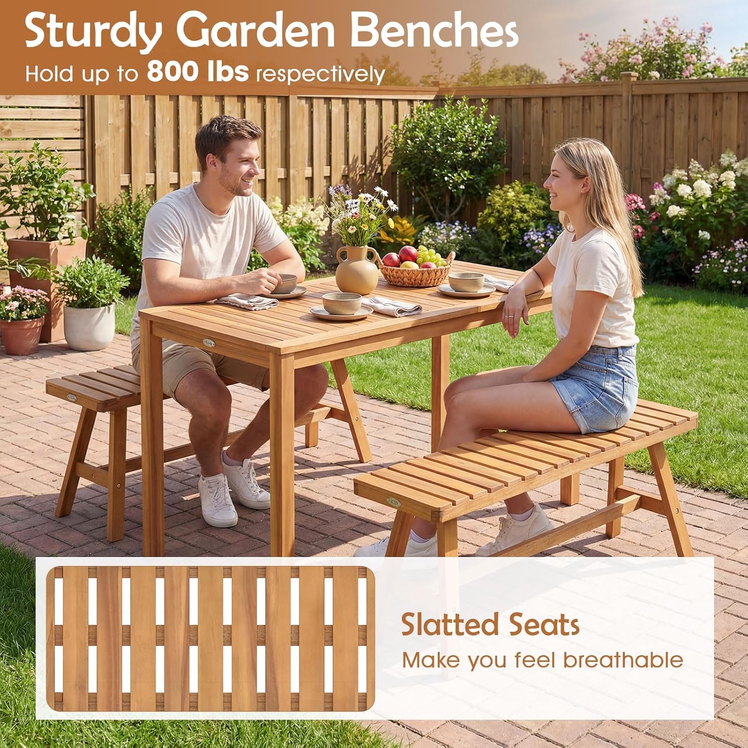 Tangkula Acacia Wood Outdoor Garden Bench, 2-Person Patio Backless Bench with Slatted Seat, 800 lbs Capacity, Outside Dining Bench for Front Porch, Balcony and Entryway (1,Natural)