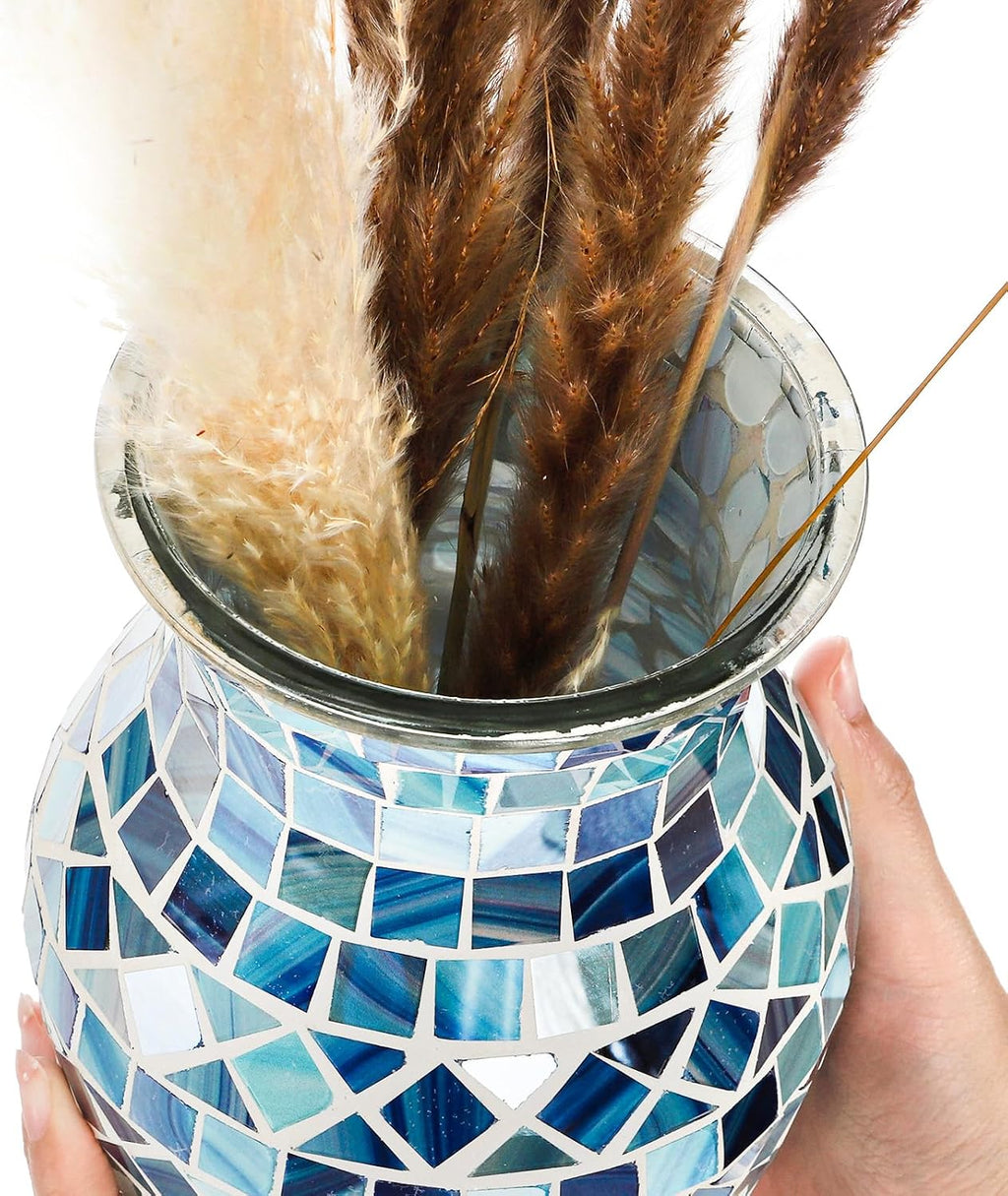 SOUJOY Mosaic Vase, Glass Blue Flower Vases for Centerpieces, Handmade Bud Vase for Wedding Flower Arrangeme, Living Room, Kitchen, Home Decor