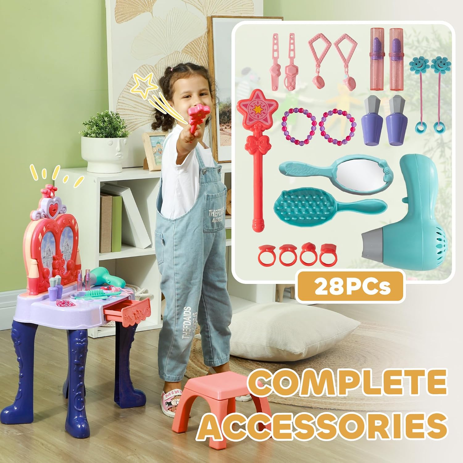 Vanity Set with Mirror and Stool, Toddler Makeup Table with Music, Light, Drawer, Hair Dryer, 20 Makeup Accessories, Girls Vanity for Ages 3 6, Multicolor