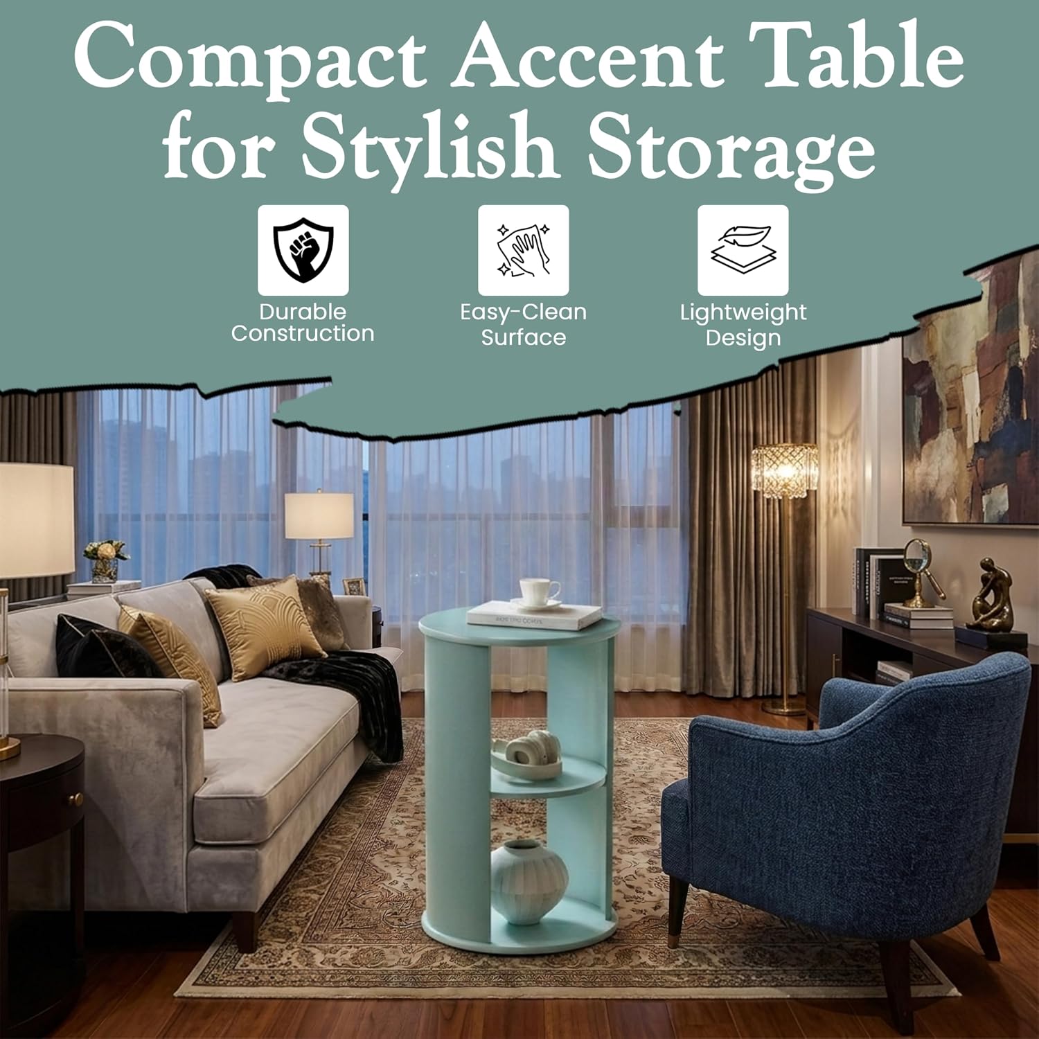 Kings Brand Furniture Round 3-Tier Accent Side Table with Storage Shelves, Wooden End Table Bedside Table for Living Room or Bedroom (Glacier)