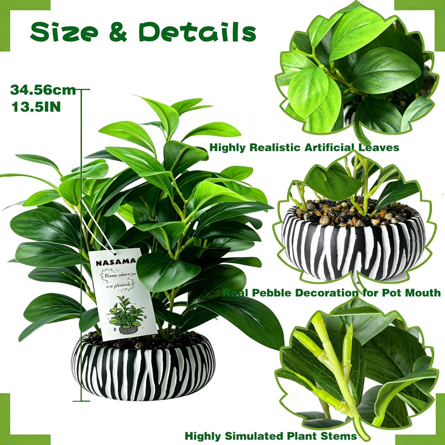 Realistic Artificial Potted Plant, Faux Indoor Greenery for Home Office Living Room Bookshelf Bathroom Decor, Low-Maintenance Space-Saving Fake Plants with Modern Decorative Vase