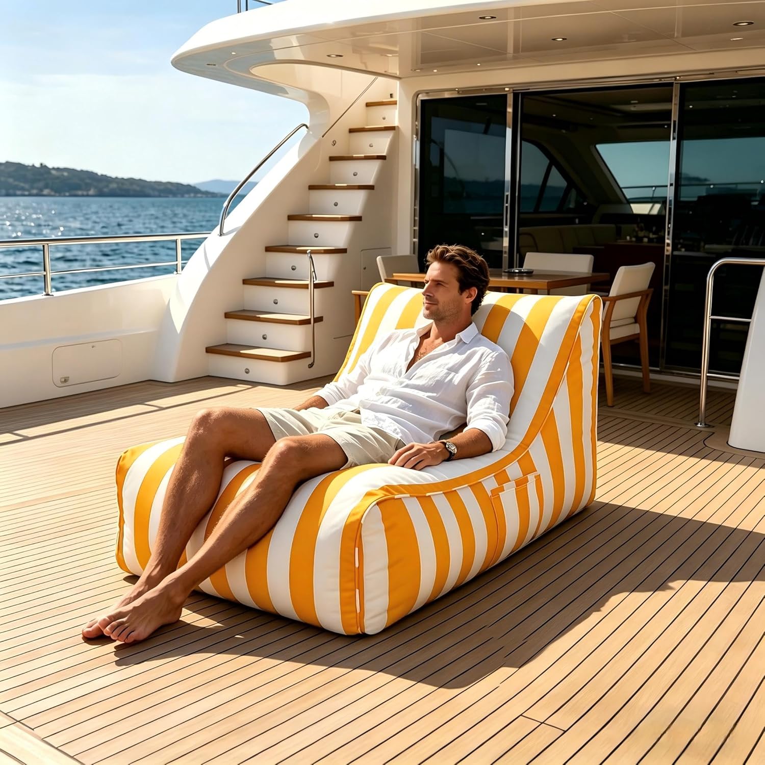 Deep Seating Bean Bag Chair for Adults, Memory Foam with Back Support Panel & Waterproof Fabric, Retains Shape for Yacht, Dock, Patio & Indoor Use, Yellow