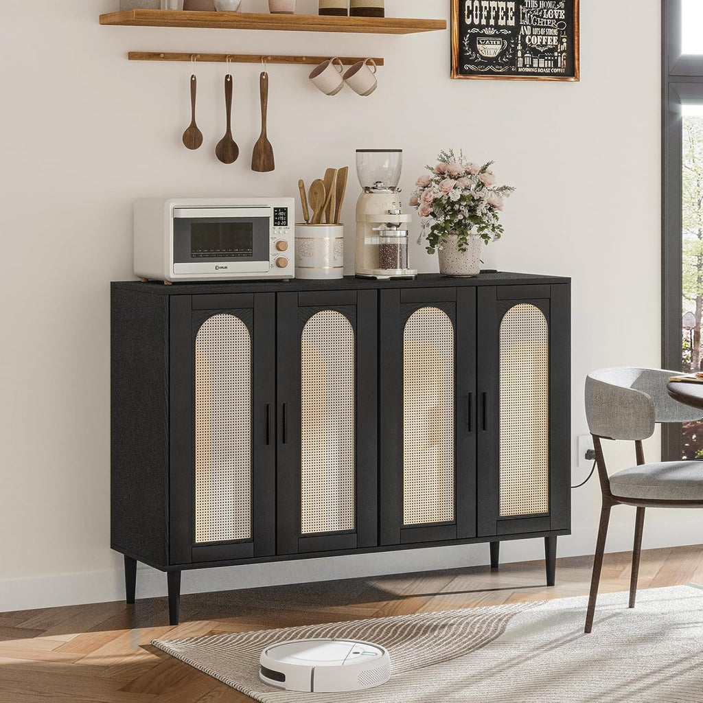 Patikuin Rattan Sideboard Buffet Cabinet, Boho Accent Storage Cabinet, 4 Doors Console Table Coffee Bar with Power Outlet, Adjustable Shelves for Kitchen, Dining Room, Hallway, Living Room (Black_1)