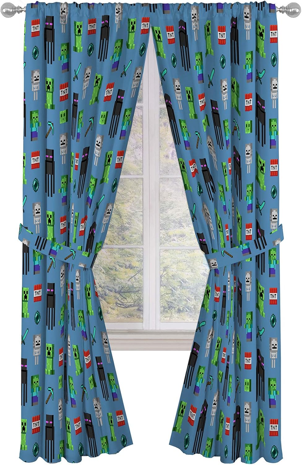 Jay Franco Kids Window Drapes - 4 Piece Curtain Set Includes 2 Tiebacks, Beautiful Bedding Room Décor and Easy Set Up, Blue - Minecraft, 84 Inch