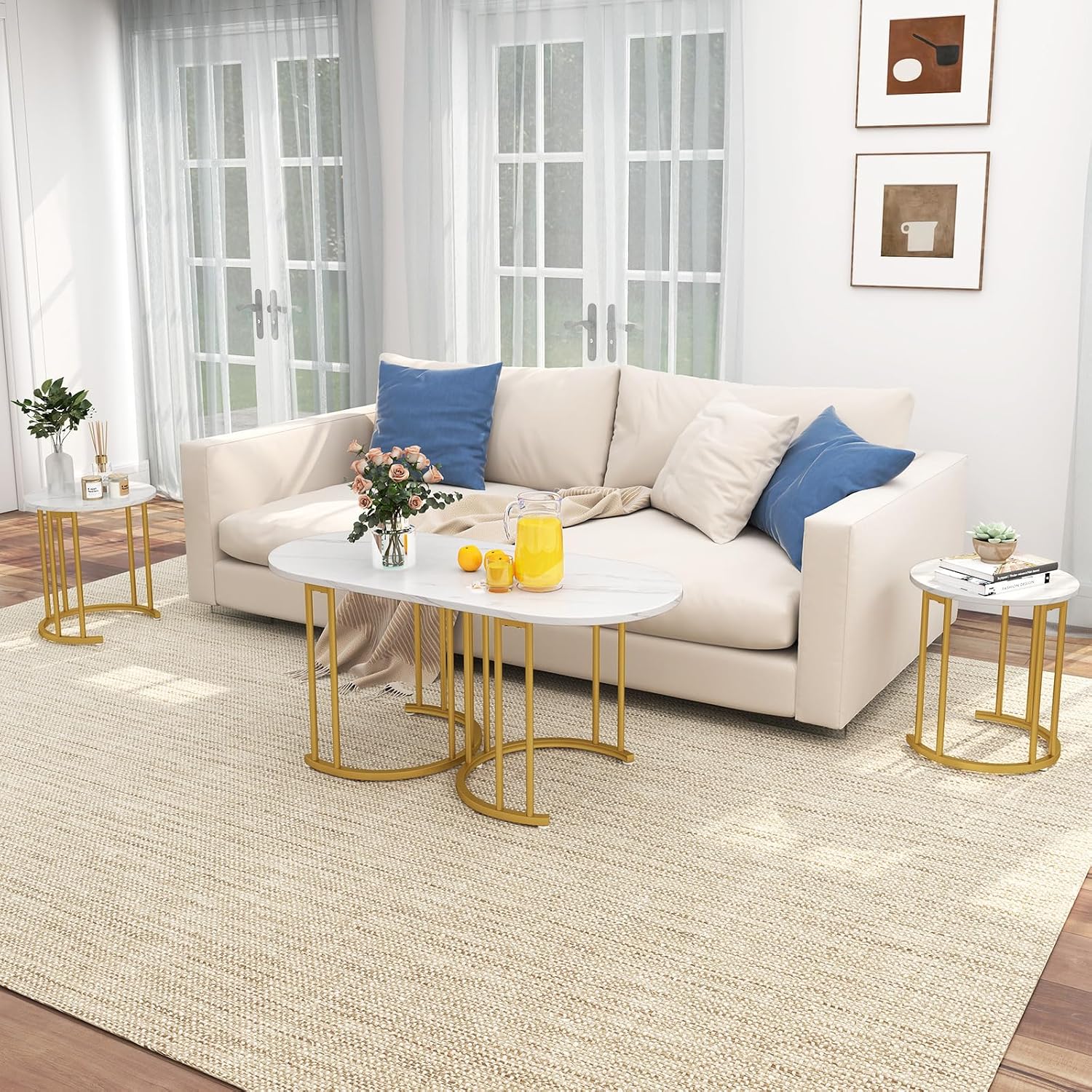 Giantex Nesting Coffee Table Set of 3, Stacking Side Tables with Faux Marble Tabletop & Gold Metal Frame, Oval Coffee Table & 2 Round End Tables, 3-Piece Modern Living Room Table Set for Apartment