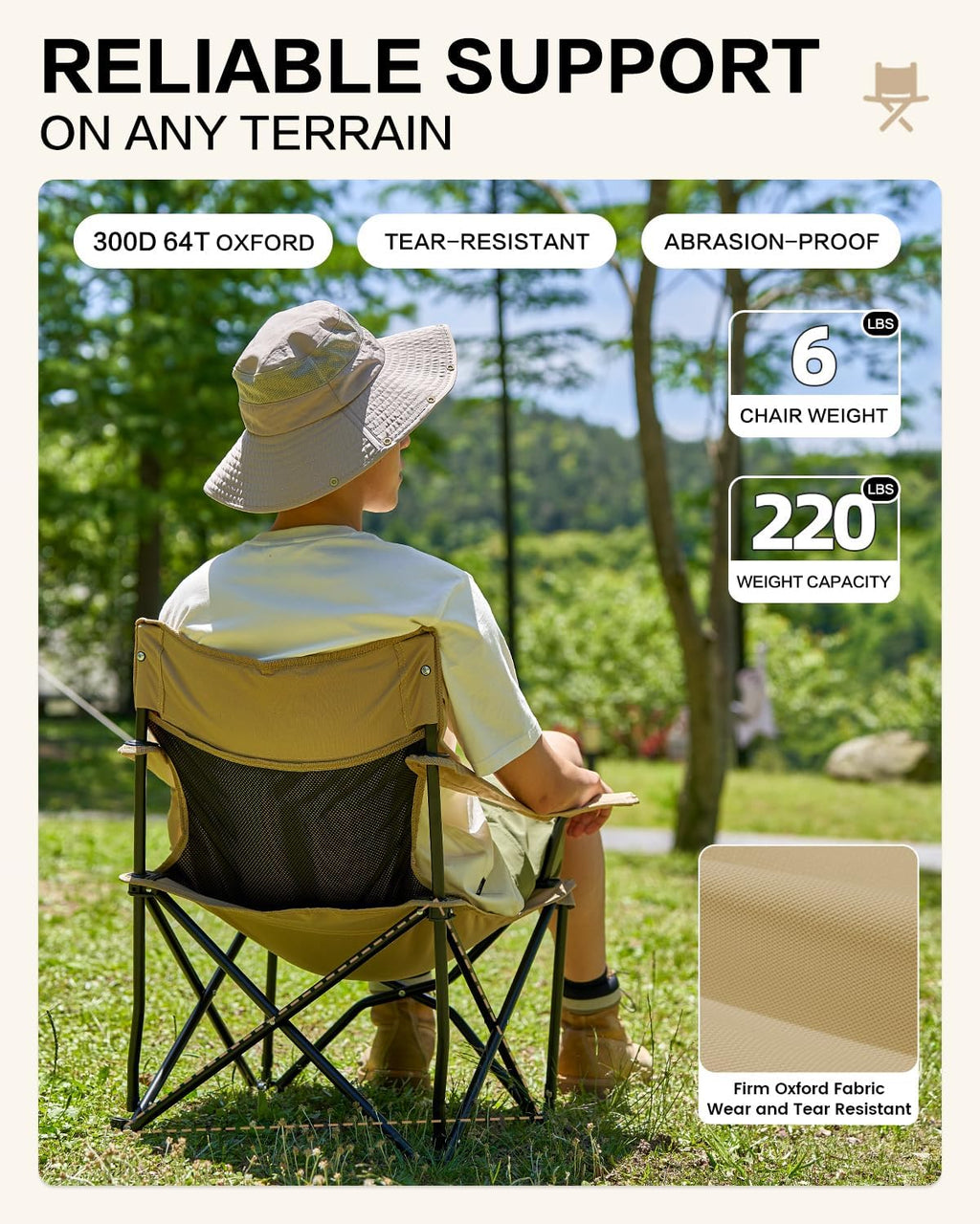MOBI GARDEN Portable Camping Chair for Adults, Cushion Seat & Back Quad Chair with 2 Cup Holder and Mesh Back Pocket, Carry Bag Included, Black