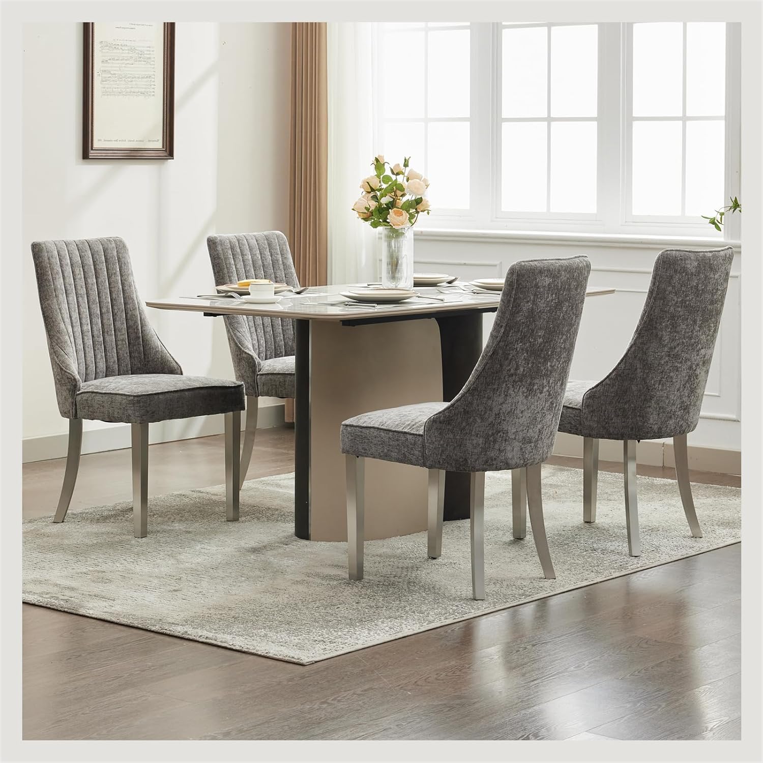 Dining Chairs Set of 4，Modern Channel Tufted Upholstered Dining Chairs with Silver Stainless Steel Legs, Comfortable Chenille Fabric Kitchen Chairs for Dining Room (Grey, 4pc)