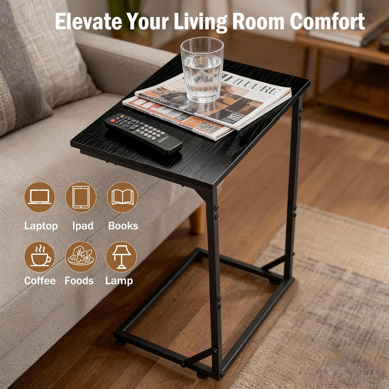 C Shaped End Table for Couch, Small Side Table for Living Room & Bedroom, Slide Under Sofa Table for Laptop, Coffee, Snacks, Easy Assembly, Modern Design