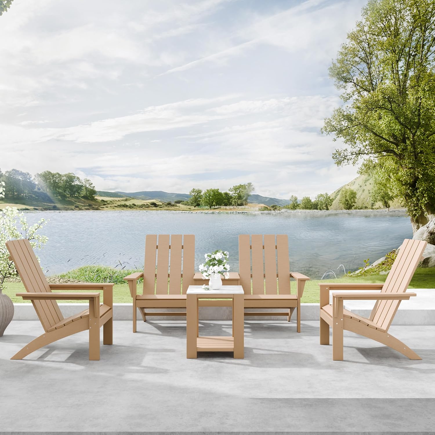 Kullavik Dual-Mode Adirondack Chairs Set of 4 with 2pcs Side Table, HDPE All-Weather Patio Chairs, Outdoor Lawn Chairs for Garden Backyard Porch Pool Deck Firepit, Teak