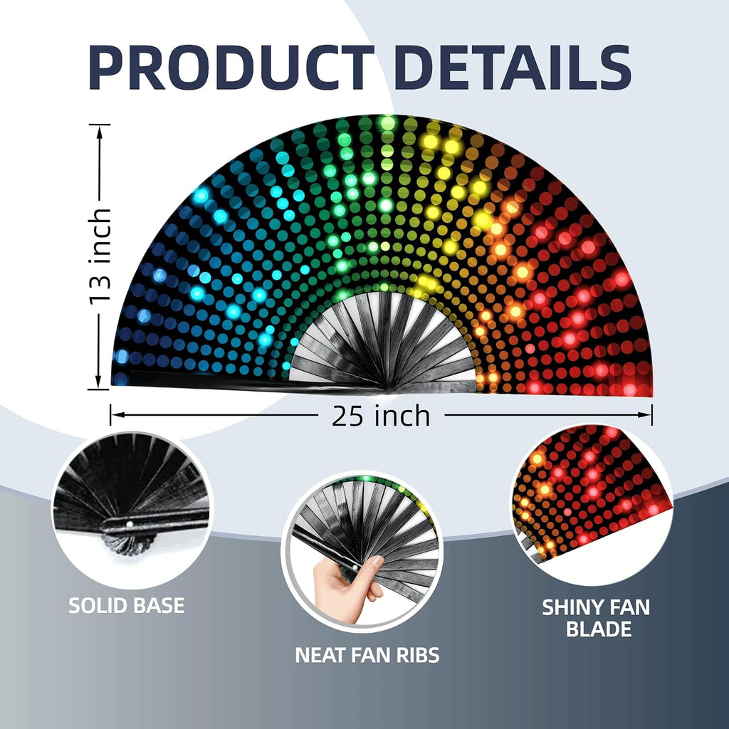 Large Glow Rave Fan, 13 Inch Folding Clack Hand Fan with DJ Lighting Effects - Portable Handheld Line Dancing Fan for Music Festivals, EDM Parties & Rave Outfit Accessories