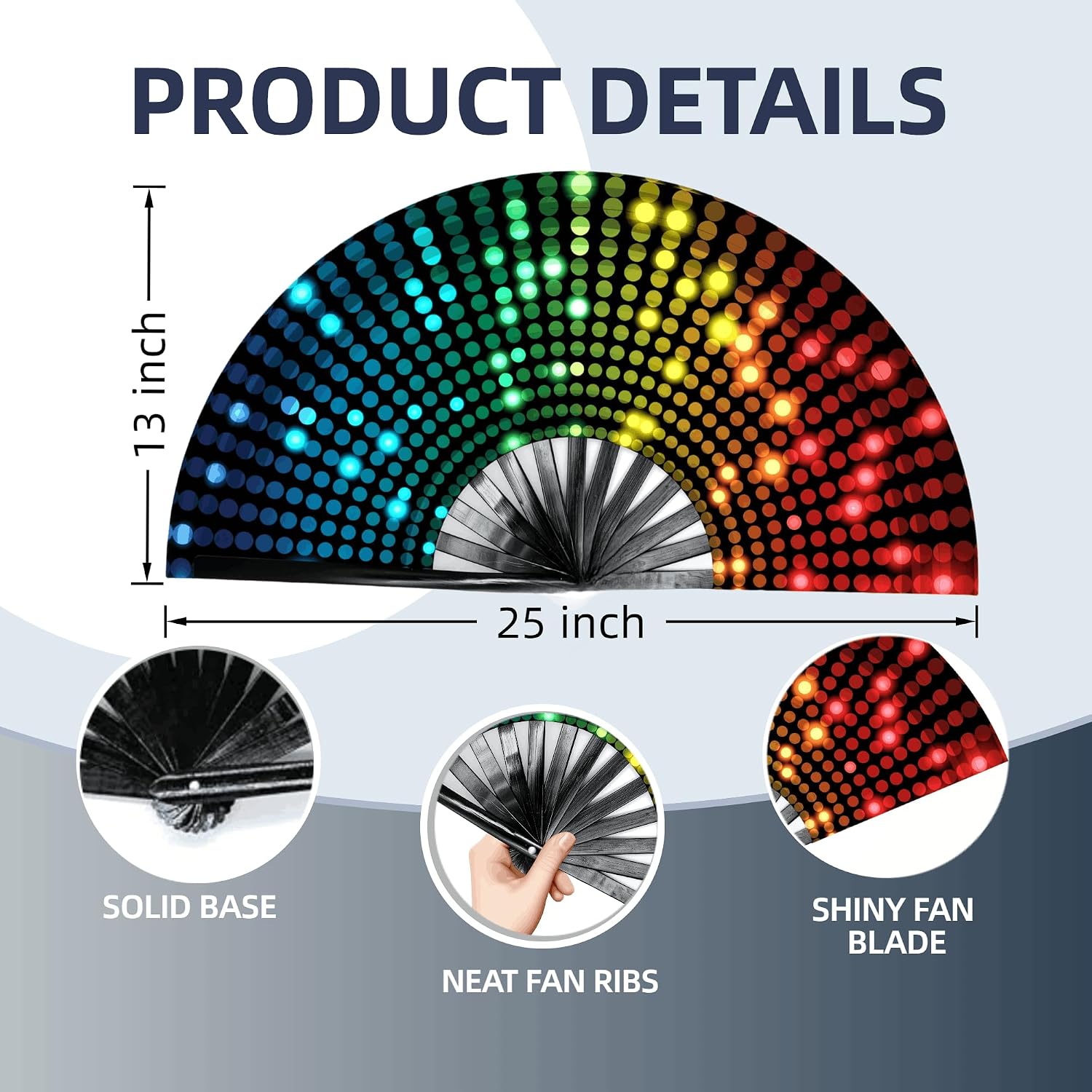 Large Glow Rave Fan, 13 Inch Folding Clack Hand Fan with DJ Lighting Effects - Portable Handheld Line Dancing Fan for Music Festivals, EDM Parties & Rave Outfit Accessories