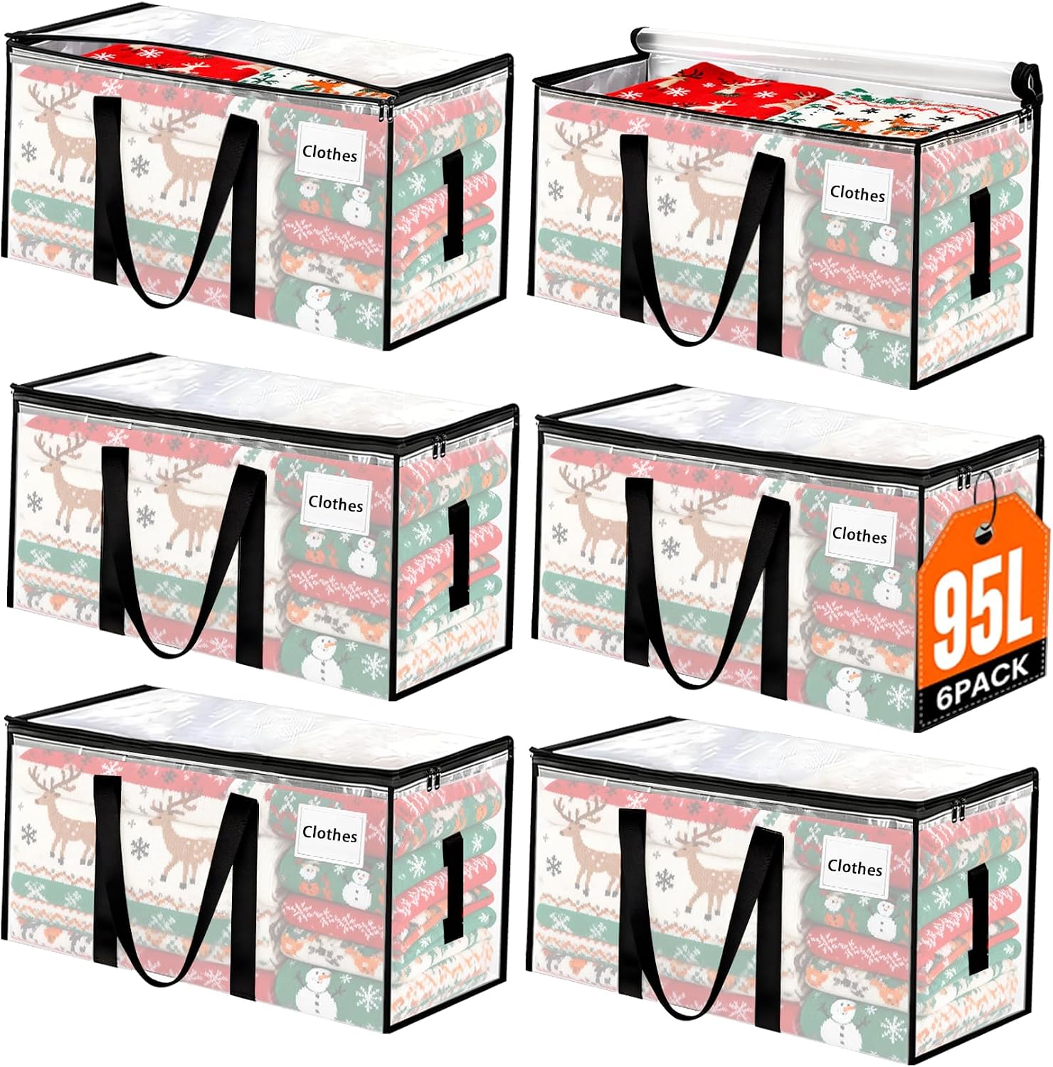 Oversized Moving Bags 6 Pack,Heavy-Duty Moving Boxes with Zippers & Carrying Handles, Foldable Storage Bags For Space Saving,Transparent Packing Bags for College Dorm,Traveling,Christmas Decorations