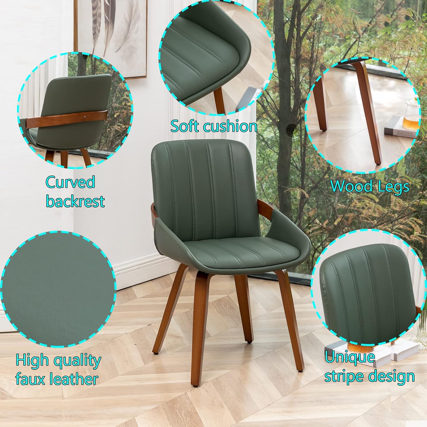 Mid Century Modern Faux Leather Upholstered Dining Room Chairs,Armless Accent Chairs with Sturdy Natural Wood Legs,Bamboo Backrest Support for Kitchen&Dining Room Chairs(1PCS,Green)