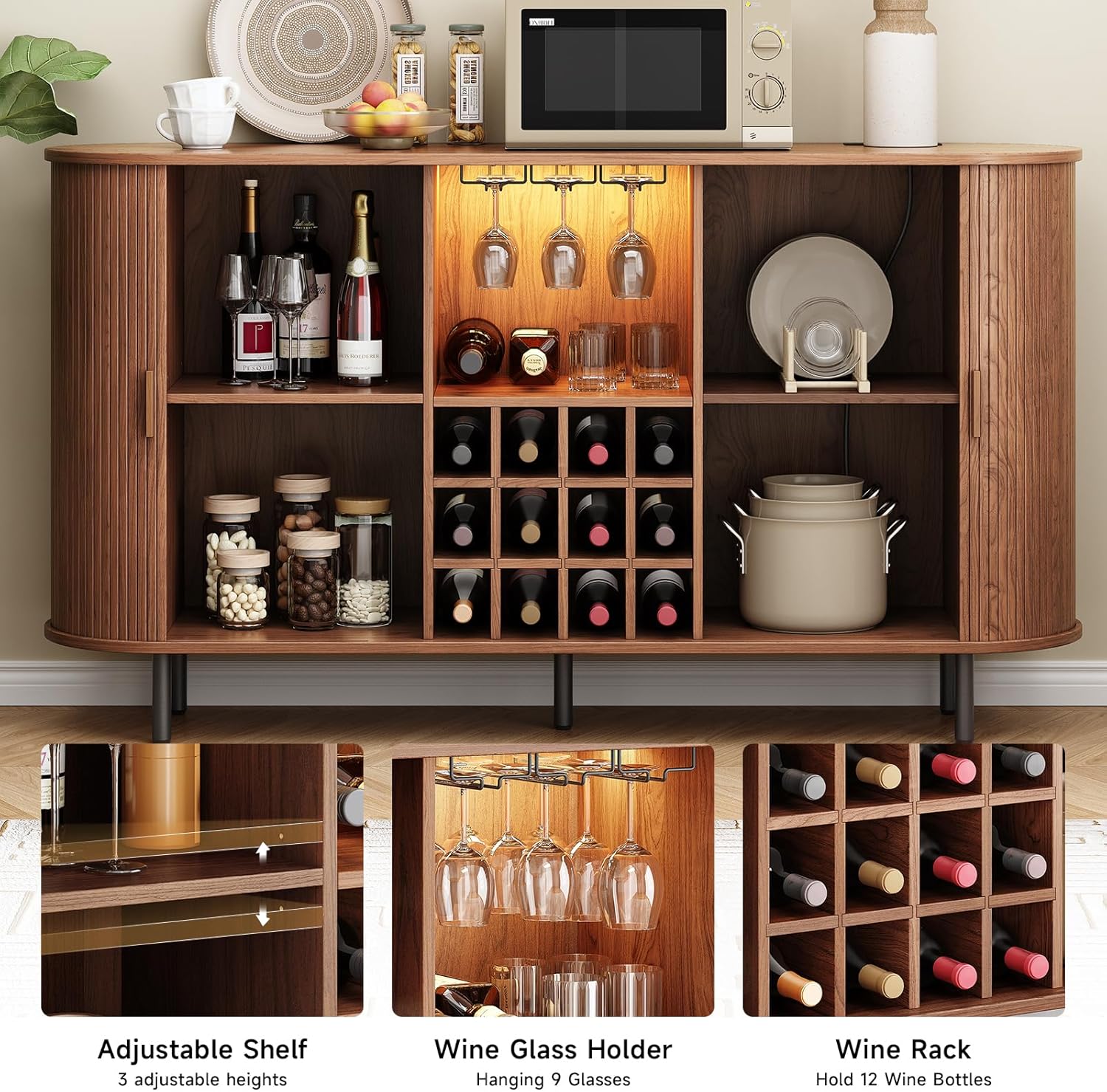 ONBRILL 63" Wine Bar Cabinet with LED Light,Modern Liquor Whiskey Coffee Station with Wine Rack and Glass Holder, Farmhouse Buffet Sideboard with Storage for Living Room, Kitchen, Entryway (Walnut)