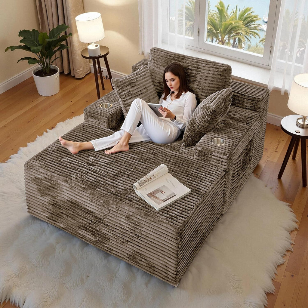 66" Chaise Lounge Chair Indoor,Oversized Boneless Single Sleeeper Couch Bed,Corduroy Cloud Sofa with 3 Soft Pillows for Livingroom,Bedroom,No Assembly,(Khaki)