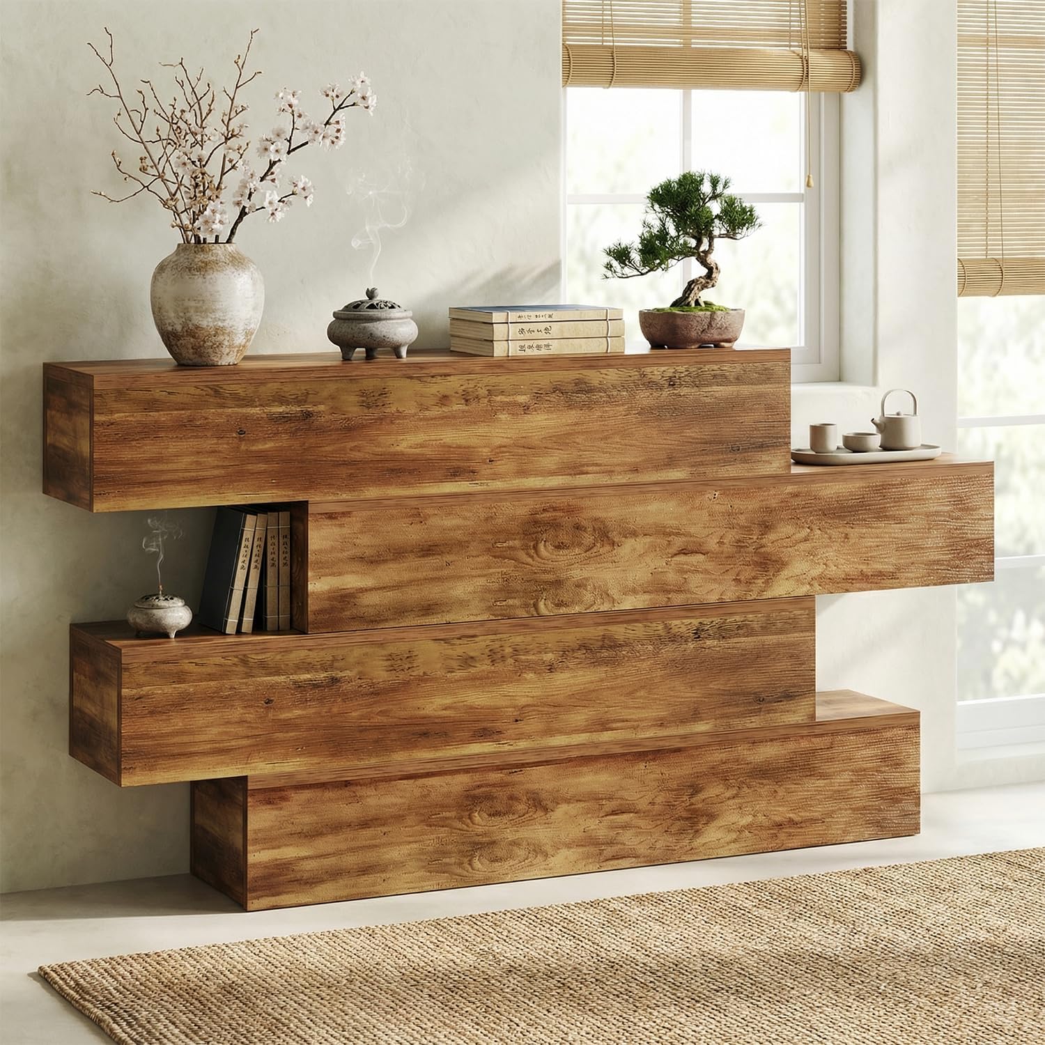 knoworld 63 Inch Farmhouse Console Table with 4 Tier Storage, Rustic Wooden Sofa Table Behind Couch, Unique Staggered Entryway Table for Living Room, Long Hallway Foyer Table, Walnut