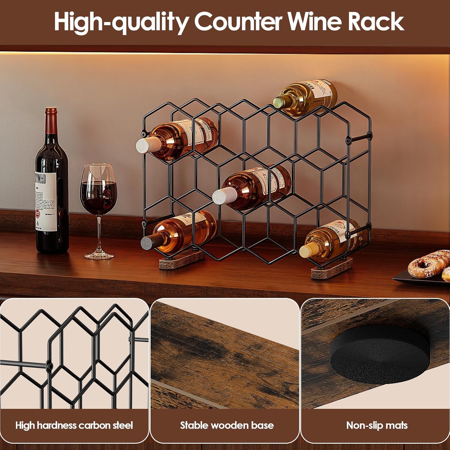 Nuovoware Countertop Wine Rack, 14-Bottle, 3 Tier, Black+Brown | Wine Bottle Organizer Storage, Freestanding Modern Carbon Steel Holder, Hexagonal Structure, for Cabinet, Pantry