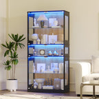 Display Cabinet with Glass Doors & LED Lights, 5 Tier Lighted Display Case for Figurines Collectibles, Tall Curio Storage Cabinet with Motion Sensor, 5 Shelves Living Room Bookcase (Black+Oak)