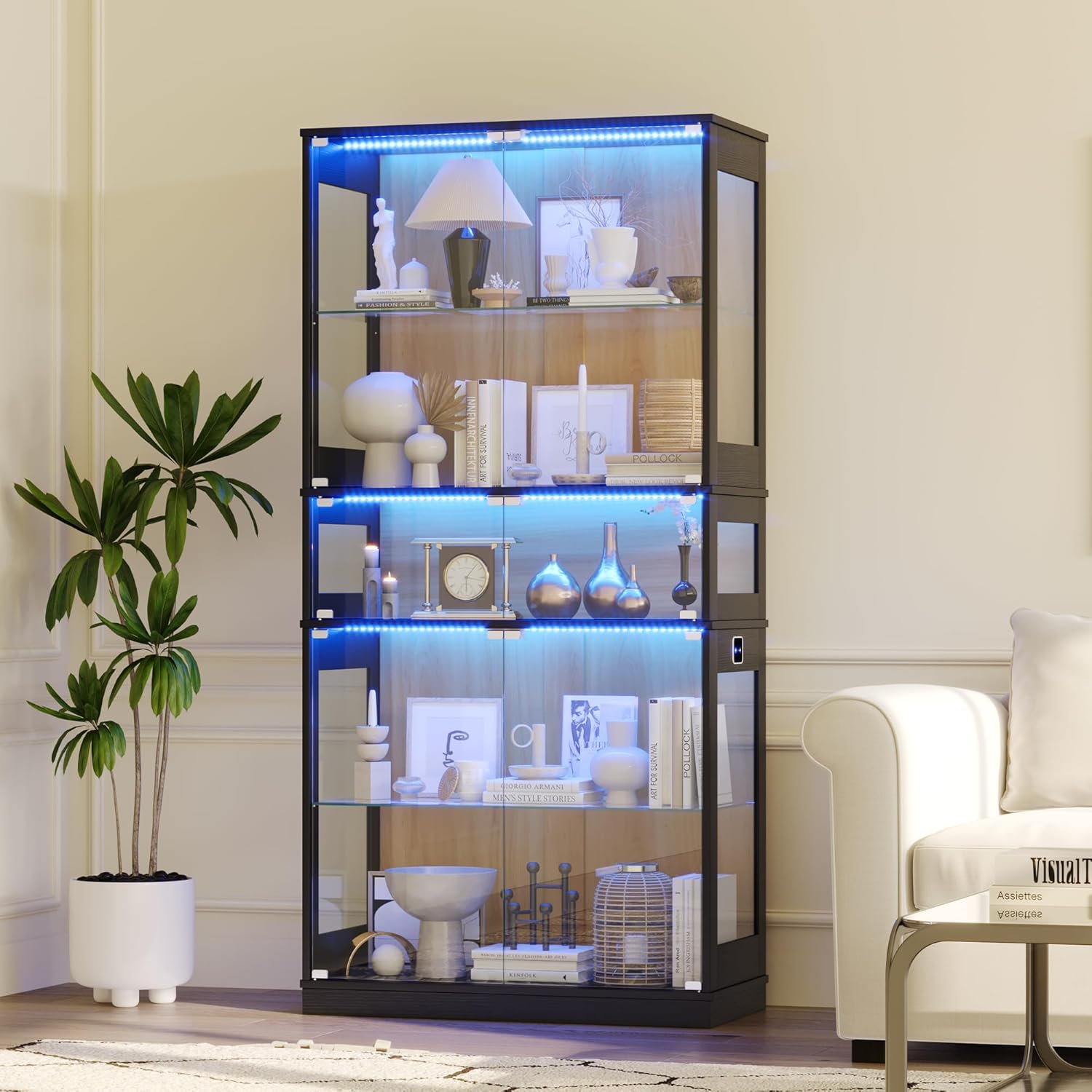 Display Cabinet with Glass Doors & LED Lights, 5 Tier Lighted Display Case for Figurines Collectibles, Tall Curio Storage Cabinet with Motion Sensor, 5 Shelves Living Room Bookcase (Black+Oak)