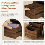 Bikoney Mid-century Modern Record Player Stand with Vinyl Storage Drawer – Wooden Turntable Side Table for All Record Players and Speakers, Large LP Storage Cabinet for Living Room, Bedroom, or Office