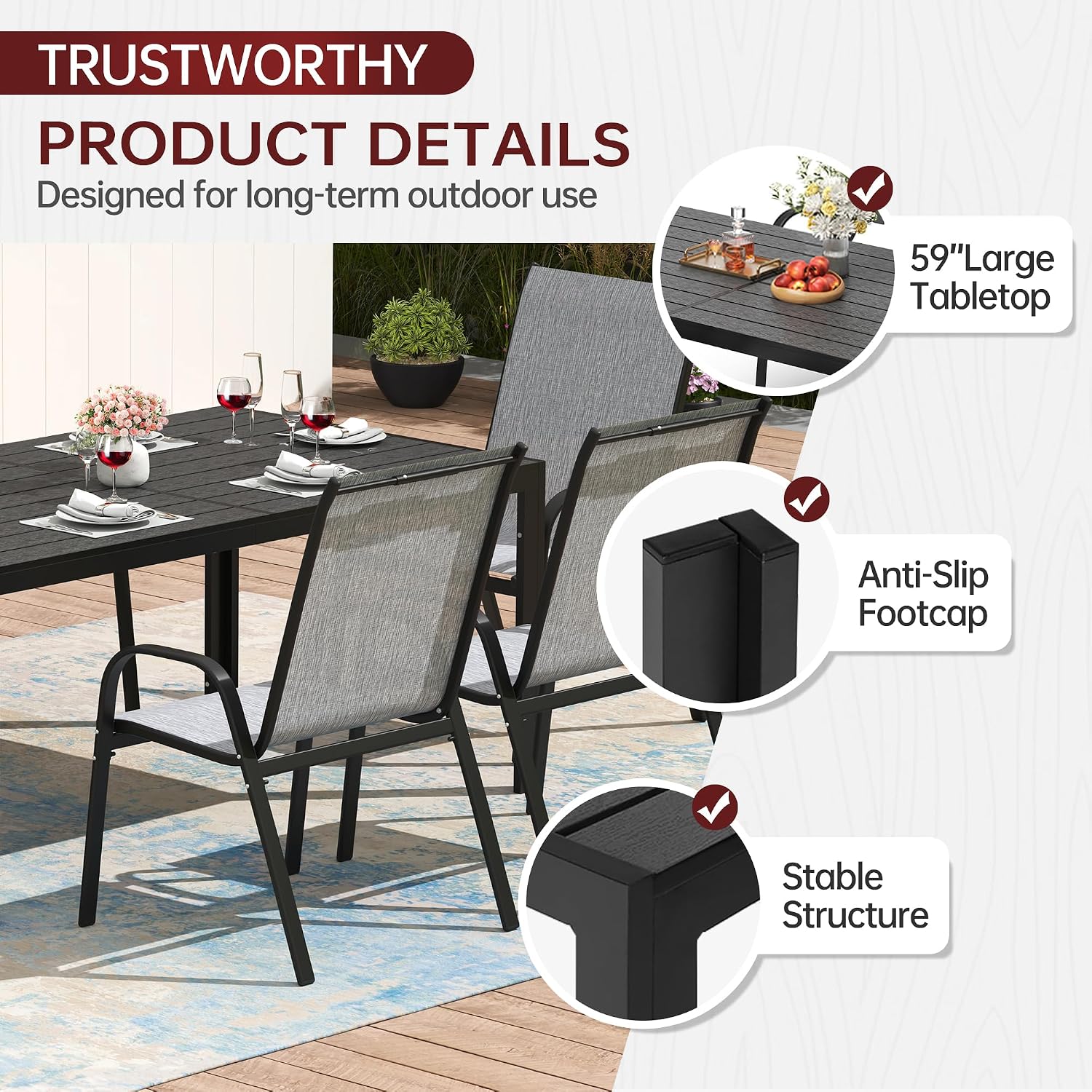 PIZZELLO Patio Dining Table for 6, 59" Rectangular Outdoor Patio Tables with Wood-Like HDPE Slat Top, All Weather Metal Outdoor Dining Table for Lawn Backyard Garden, Black