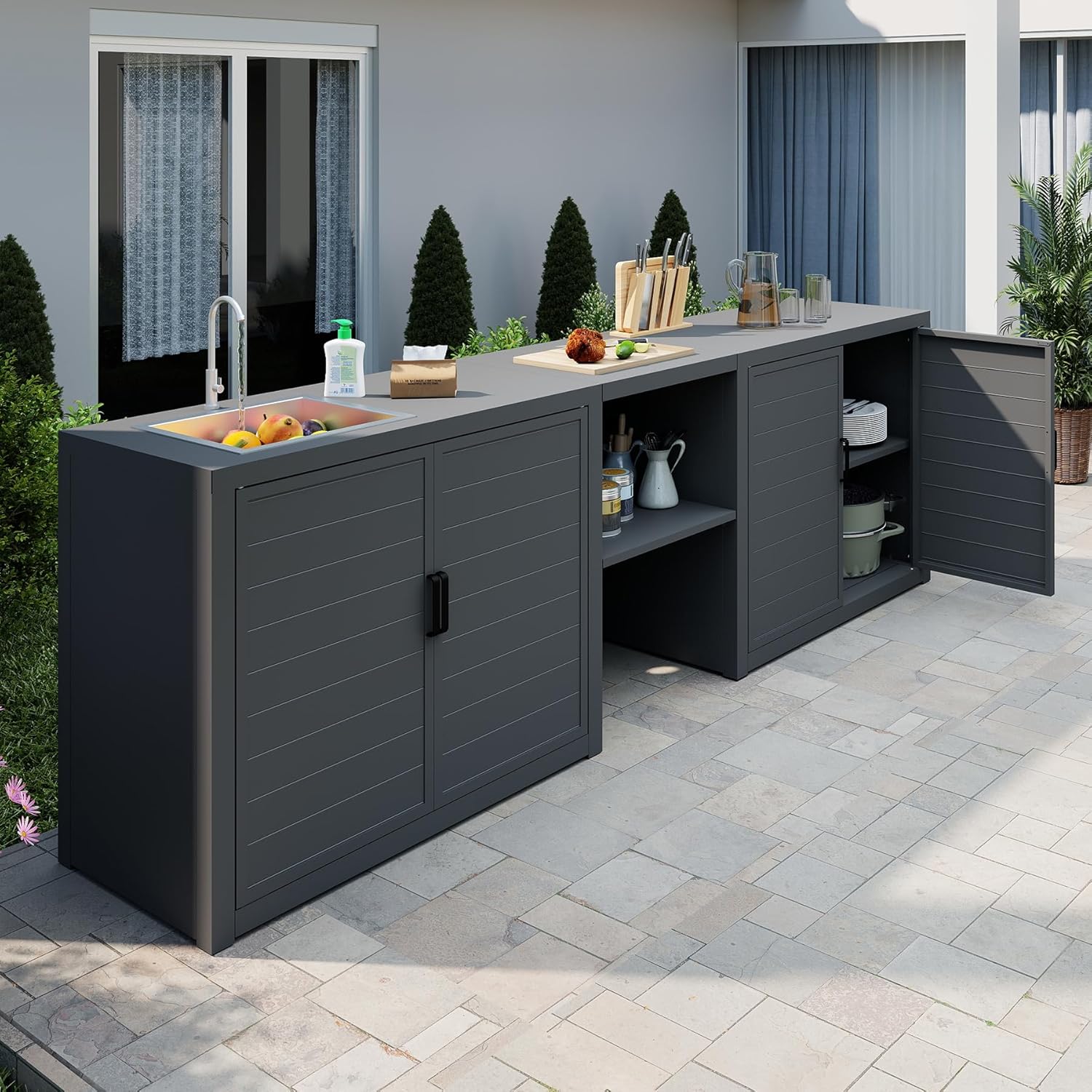 Domi Outdoor Kitchen with Stainless Steel Sink, Aluminum Outdoor Prep Table & Storage Cabinet, 3-Piece All Weather Patio Modular Station for Backyard, Dark Grey