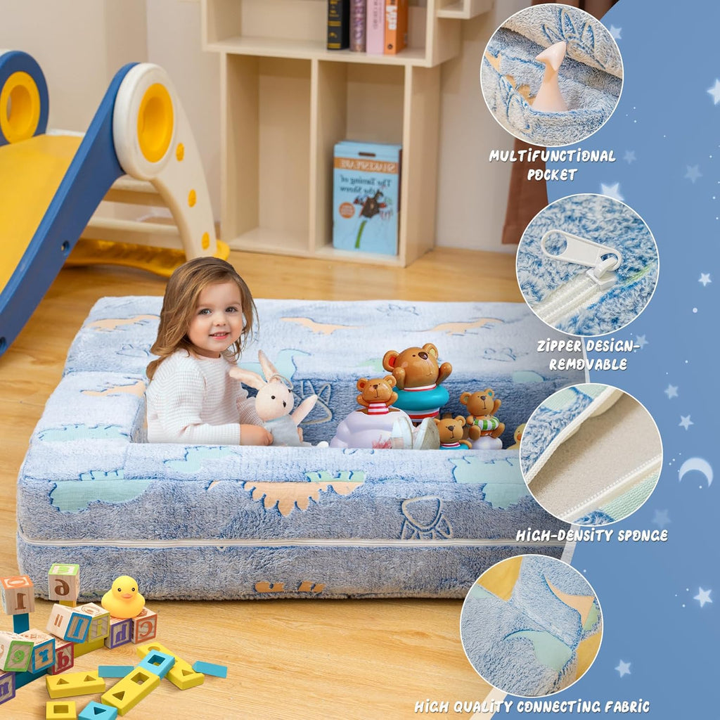 Toddler Couch Cover, Glow in The Dark Toddler Fold Out Couch Cover, Baby Modular Couch Cover, Convertible Baby Fold Out Play Foam and Floor Cushion Cover for Nursery Playroom, Blue+Dinosaur