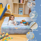 Toddler Couch Cover, Glow in The Dark Toddler Fold Out Couch Cover, Baby Modular Couch Cover, Convertible Baby Fold Out Play Foam and Floor Cushion Cover for Nursery Playroom, Blue+Dinosaur