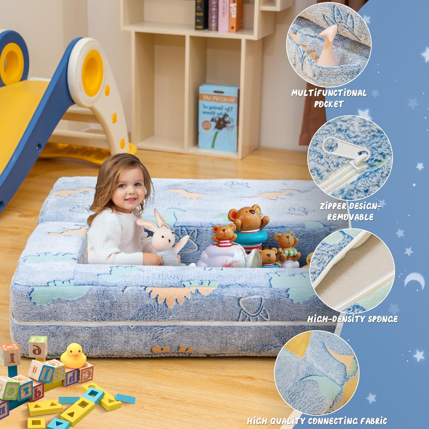 Toddler Couch Cover, Glow in The Dark Toddler Fold Out Couch Cover, Baby Modular Couch Cover, Convertible Baby Fold Out Play Foam and Floor Cushion Cover for Nursery Playroom, Blue+Dinosaur